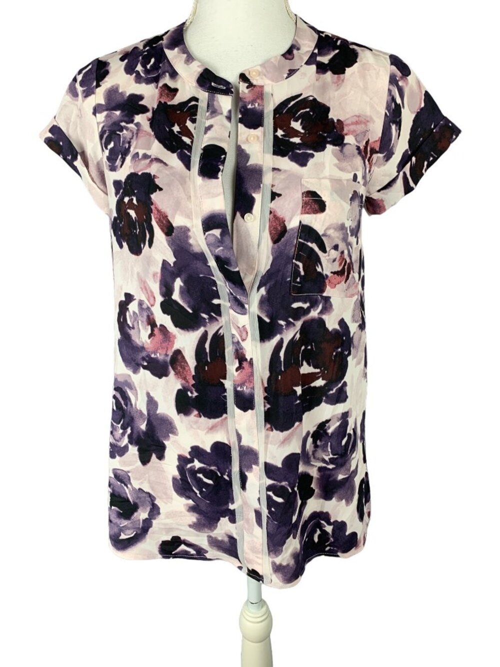 Simply Vera Vera Wang XS Floral Short Sleeve Blouse Purple Rose Print Lightweigh